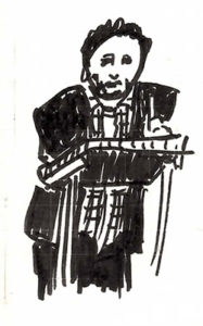 Sketch of a speaker leaning on his podium. He looks comfortable, at least.